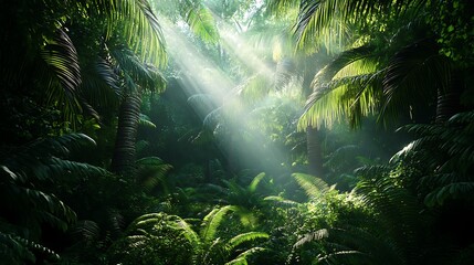 Lush tropical forest scene bathed in sunlight.