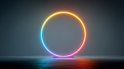 Rainbow-colored neon circle against dark gray background, centered minimalist sculpture