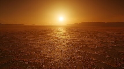 Martian sunset over a vast, rocky plain.