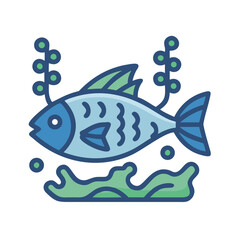 Cartoon fish swimming in a seaweed environment