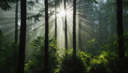 Sunbeams Illuminating a Misty Forest