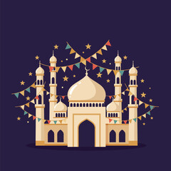 Festive Mosque Illustration with Crescent Moon and Colorful Bunting Flags