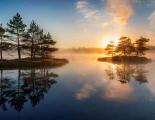 Fototapeta premium serene sunrise over misty lake with island trees reflecting in calm water