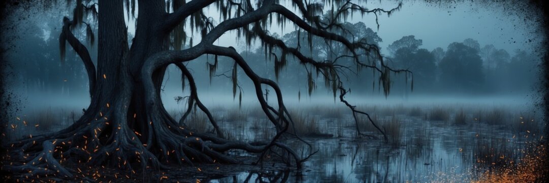 Twisted ancient oak tree with roots in dark eerie misty swamp water landscape at night. Mystical nature background concept for Halloween or gothic themed designs.