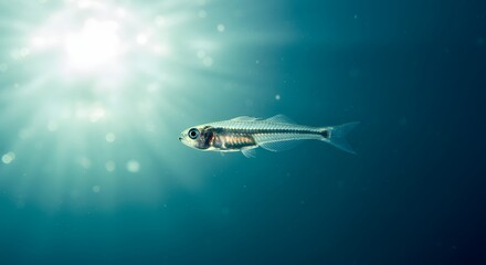 Fototapeta premium A transparent fish swimming in deep blue water with sunlight shining from above it