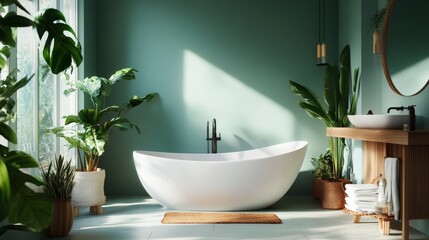 Fototapeta premium Modern bathroom with indoor plants and white tub illuminated by soft daylight interior wellness decor