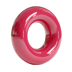 Pink donut shaped buoy with glossy surface and smooth curves isolated on white background, inflatable water toy or float for beach or pool use