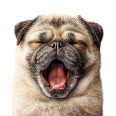 Obraz premium Adorable sleepy pug puppy with closed eyes and open mouth, showing tongue and tiny teeth, fluffy fur, relaxed expression, cute pet portrait