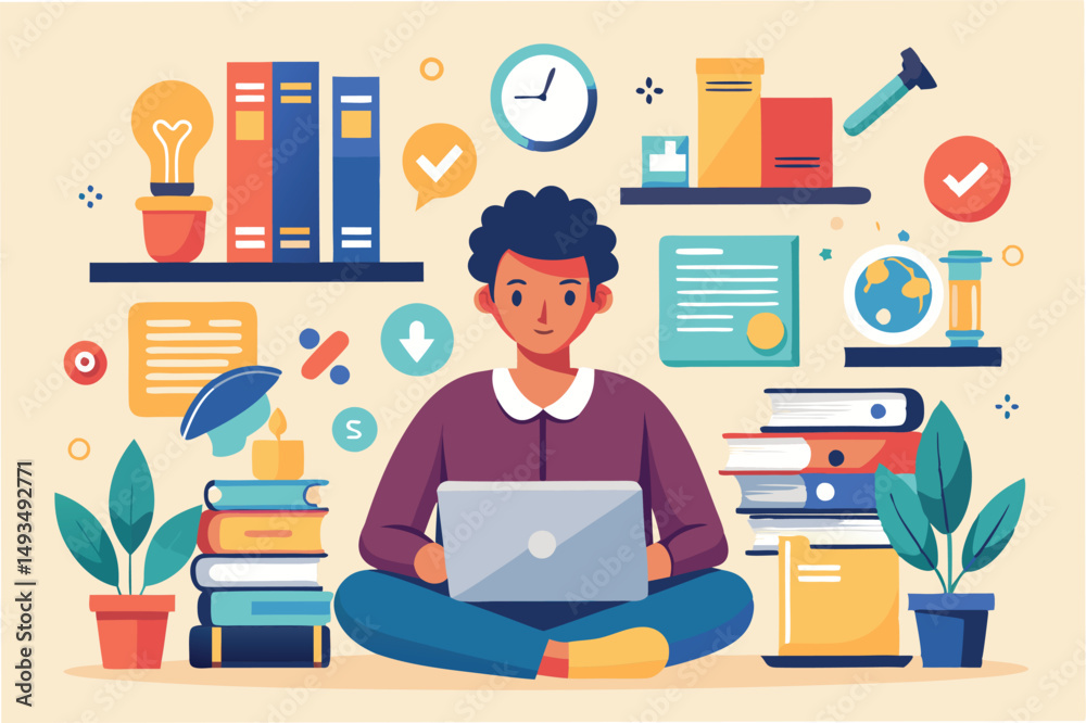 Aufkleber Vector illustration of a smiling man working on a laptop in an organized workspace surrounded by books and plants