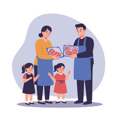 Fototapeta premium Smiling Family Holding Packaged Meat Father and Mother with Two Daughters