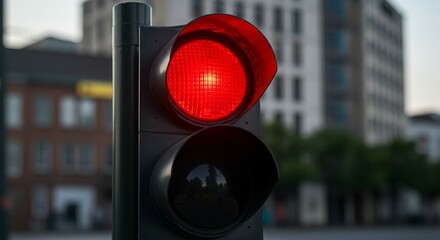 Illuminated red traffic light against a blurred urban backdrop indicates stop for safety driving