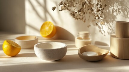 Soft light home spa setting with citrus slices and ceramics on beige tabletop warm relaxed atmosphere
