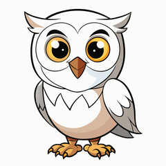 Cartoon snowy owl looks forward with big yellow eyes and brown beak