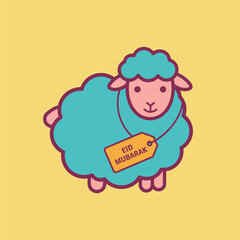 Stylized Teal Sheep with Eid Mubarak Tag Cartoon Illustration