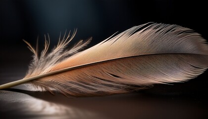 a single delicate bird feather softly lit against a dark background showing intricate details and textural nuances