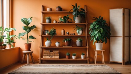 Wooden shelf display with houseplants and a folding screen adjacent to the wall