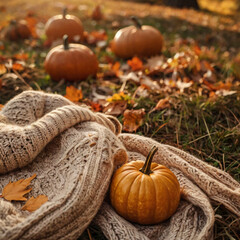 Autumn cozy scene pumpkins sweater leaves