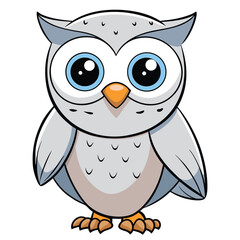 Animated owl with big blue eyes stands looking forward on white background