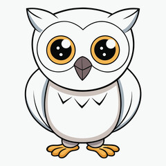 Adorable white cartoon owl with large orange eyes stares directly forward attentively