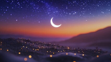 Naklejka premium Ramadan Overview. Prayer time set against a breathtaking natural scene with stars twinkling in the night sky.