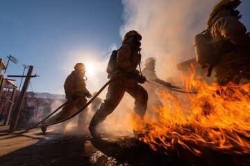 Obraz premium Firefighters Battling Blaze in Intense Emergency Response Scene