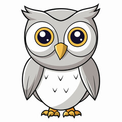 Cartoon owl with grey feathers and yellow eyes stands isolated on a white background