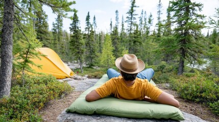 A man is laying on a green mat in the woods