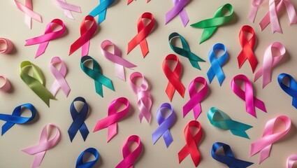 Fototapeta premium Colorful ribbons to assist people facing health issues. Medical, support, healthcare concept