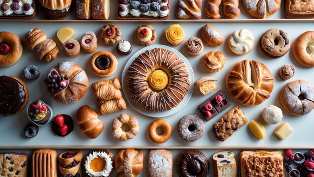 Array of different bakery items, top-down perspective, detached on background, simple cutout, high-angle shot, panorama banner design