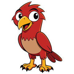 Cartoon red hawk with large eyes is smiling at the viewer