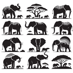 Black Color Elephant Silhouette Vector Illustration, Solid White Background. minimal vector design