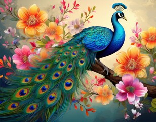 peacock on branch with colorful flowers 3d wallpaper mural background digital art