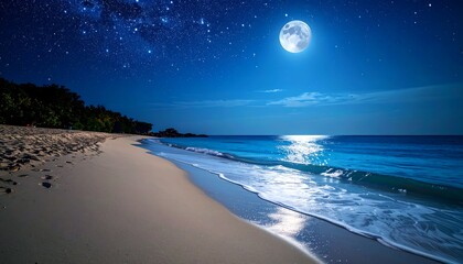 Serene Night Beach Full Moon, Stars, and Ocean Waves