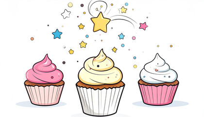 Three cartoon cupcakes with swirls of frosting in pink, yellow, and white, adorned with sprinkles and a magical starburst above