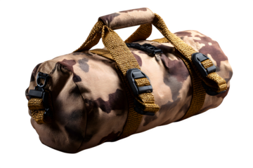 Sandbag with rugged nylon fabric and grip straps, isolated on transparent background