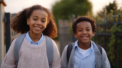 Two smiling african american children with backpacks walking outside on a sunny day to school together