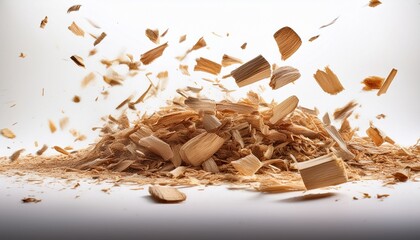 close up of wood chips flying in mid air against a white background
