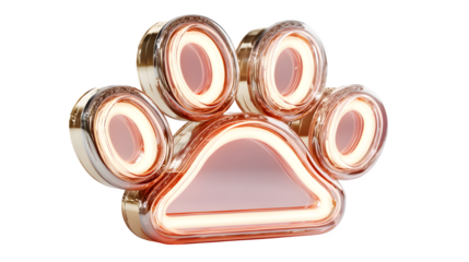 A glowing neon paw print icon in soft peach hues, celebrating pets and companionship, shown on white --ar 16:9 --v 7.0 --s 750
