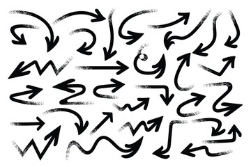 Black arrows icon set with various shapes and directions, grunge arrow brush paint including straight, curved, zigzag