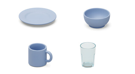 Arrangement of Blue Dishware Items on a Clean White Surface