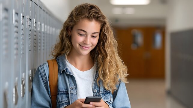 A smiling student with long blonde hair using her smartphone in a school hallway by the lockers