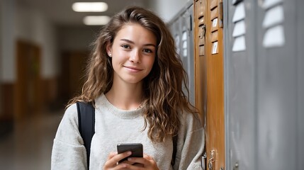 Portrait of a smiling student with a backpack holding a phone in a school hallway near lockers