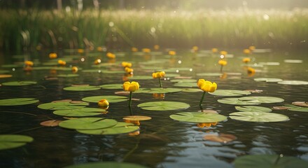 Tranquil pond reflecting sunlight on yellow water lilies with lily pads in a serene nature scene.