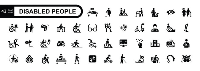 Disabled people flat icon set. Vector illustration.