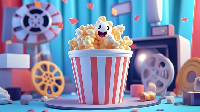 A cheerful popcorn container in a colorful  scene.
