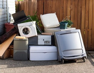 a pile of bulk trash items like furniture and old appliances on a curbside