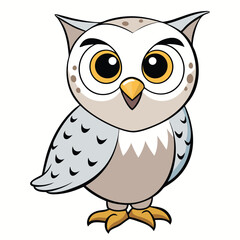 Animated owl with big yellow eyes stands looking forward with a slight smile