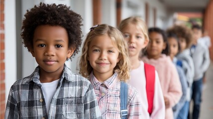 A row of diverse elementary students standing in a line wearing backpacks and casual clothing smiling softly
