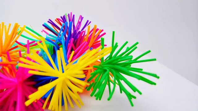 Close-up of multicolored Koosh balls on white background. Bright and vibrant colors, with multiple balls tangled together in a chaotic arrangement.