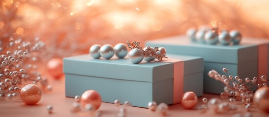 Pale Blue Gift Boxes with Pearls and Rose Gold Accents on Coral Background